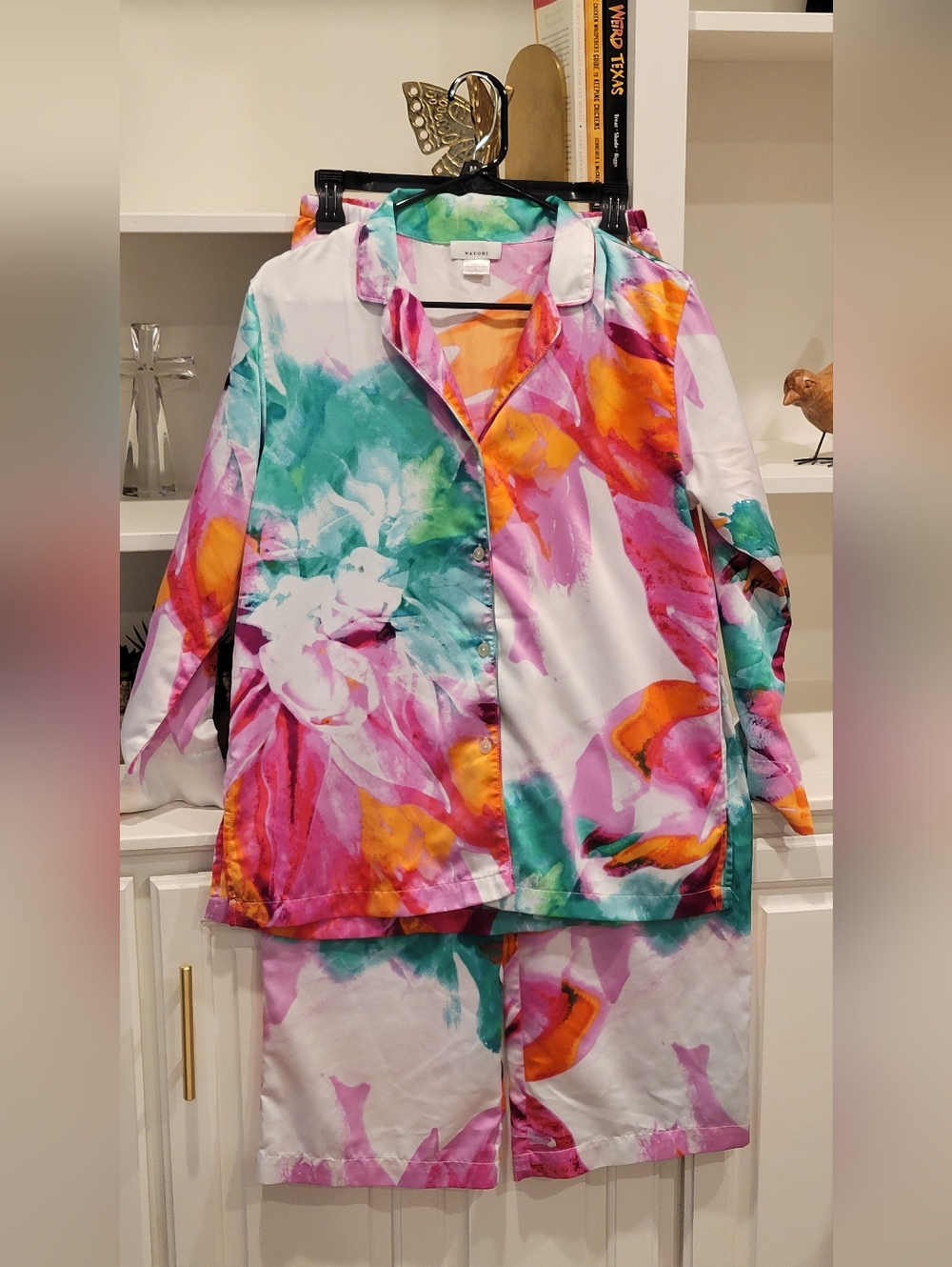 Natori Floral Satin Pajama Set - White, Pink, Teal & Orange
